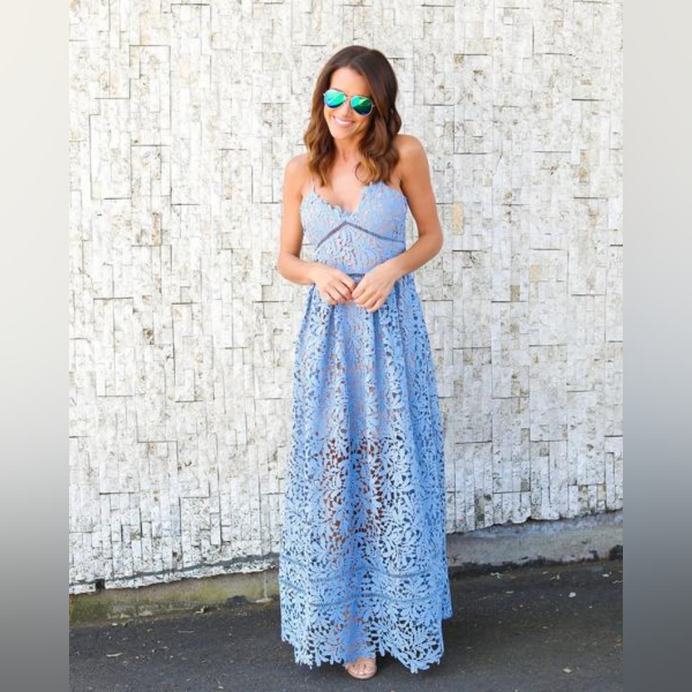 Vici powder blue fleur lace maxi dress. Size small